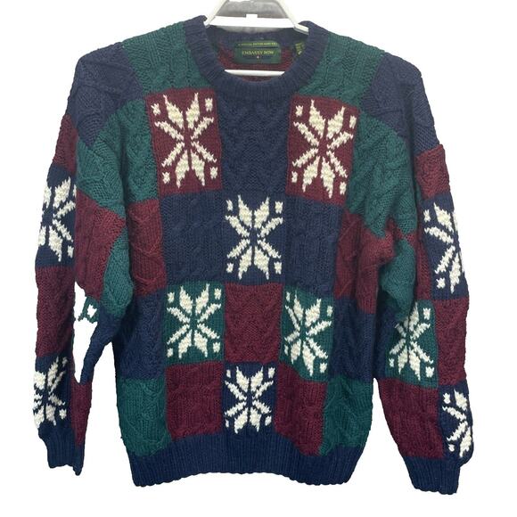 Vtg Embassy Row XL Blue Green Red Wool Sweater Color Block Cable Knit Crew Men's - Picture 1 of 7